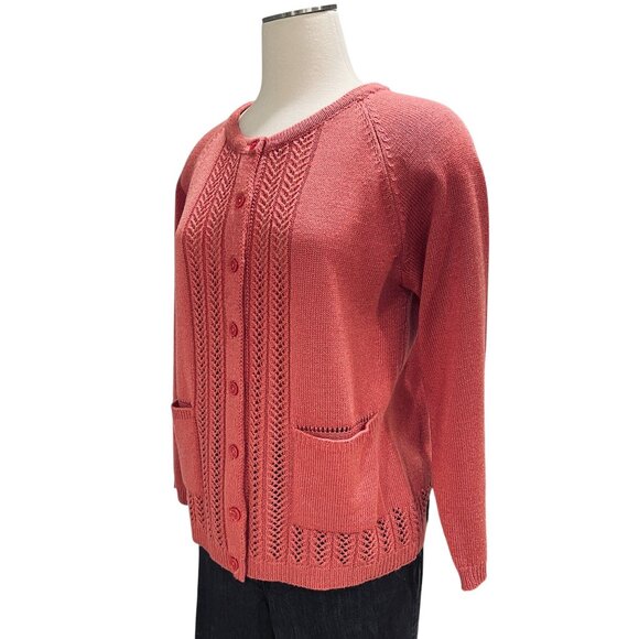 National Womens Petite Medium Coral Knit Cardigan Sweater Button Front Pockets - Picture 6 of 12